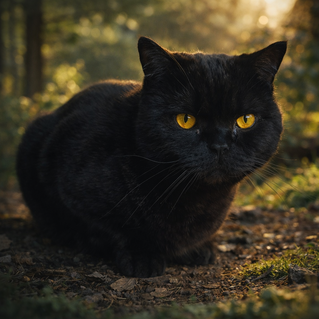 Gato negro con ojos amarillos en un entorno natural
